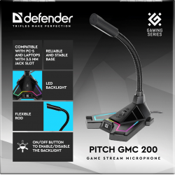 Mikrofon do przesyłania strumieniowego Pitch GMC 200 3.5 mm, LED, cable 1.5 m